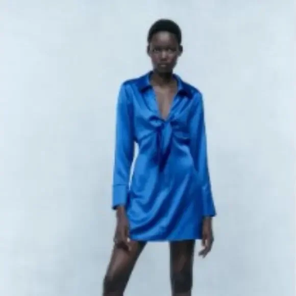 Zara Blue Satin Effect Long Sleeve Knotted Dress Lapel Collar Size Small - Picture 8 of 9